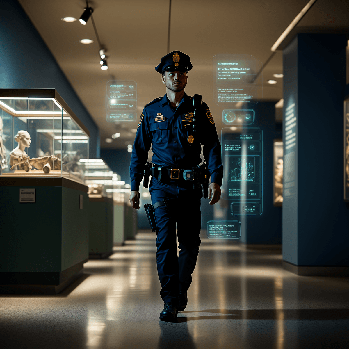 Security guard with AI-powered interfaces in museum